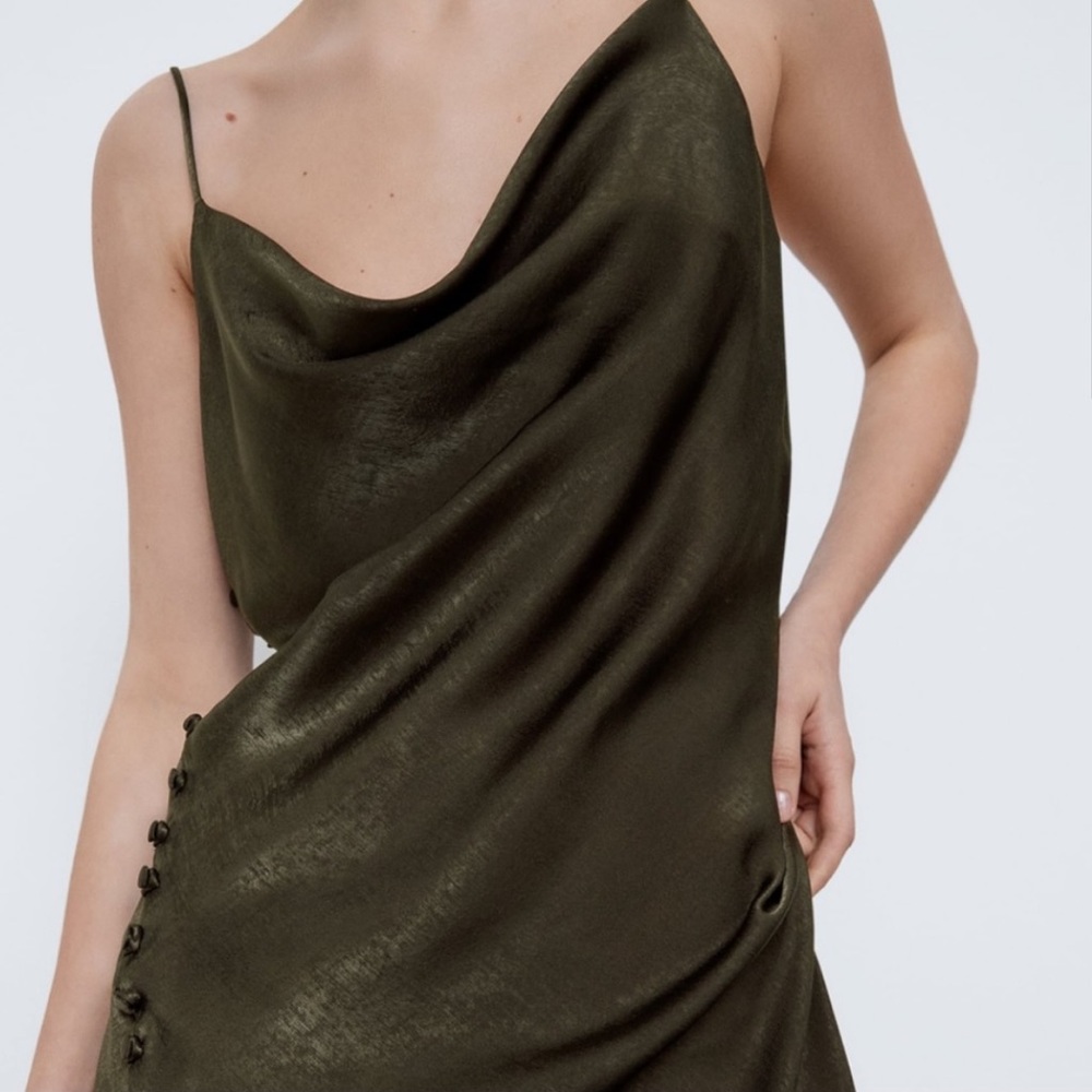 Zara satin lingerie style dress with slit in dark khaki